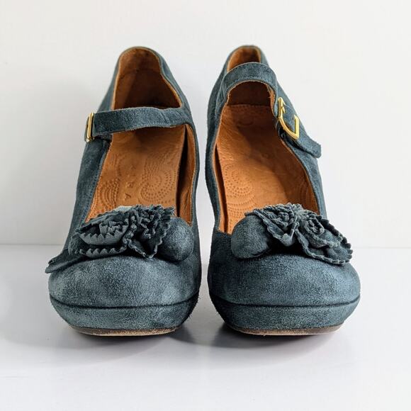 Chie Mihara Mary Jane Platform Heels 37 Blue Suede Floral Retro Glam Pinup - Picture 5 of 16